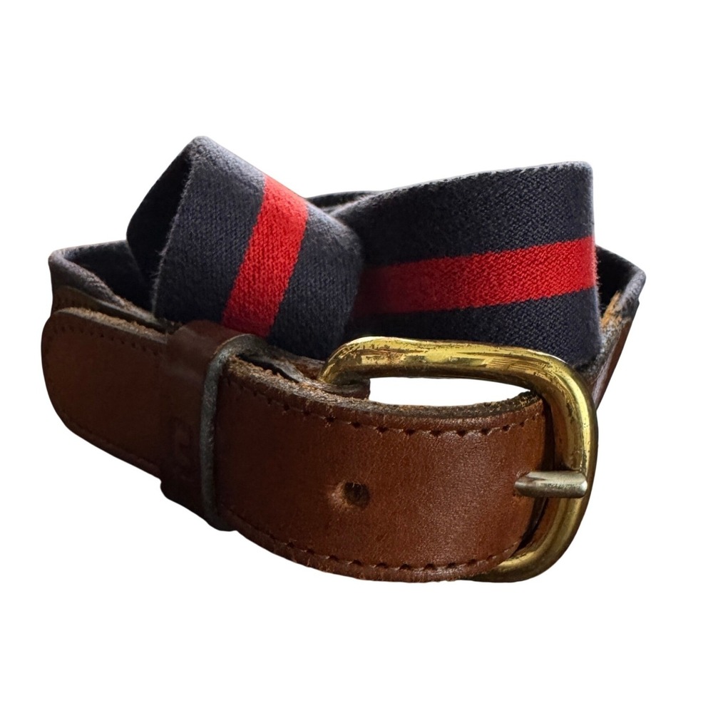 Footjoy Mens Golf Navy Red Striped Canvas Leather Stretch Belt Solid Brass USA S